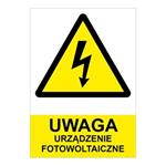 UWAGA urządzenie fotowoltaiczne   - znak BHP, naklejka (A5) 148 x 210 mm